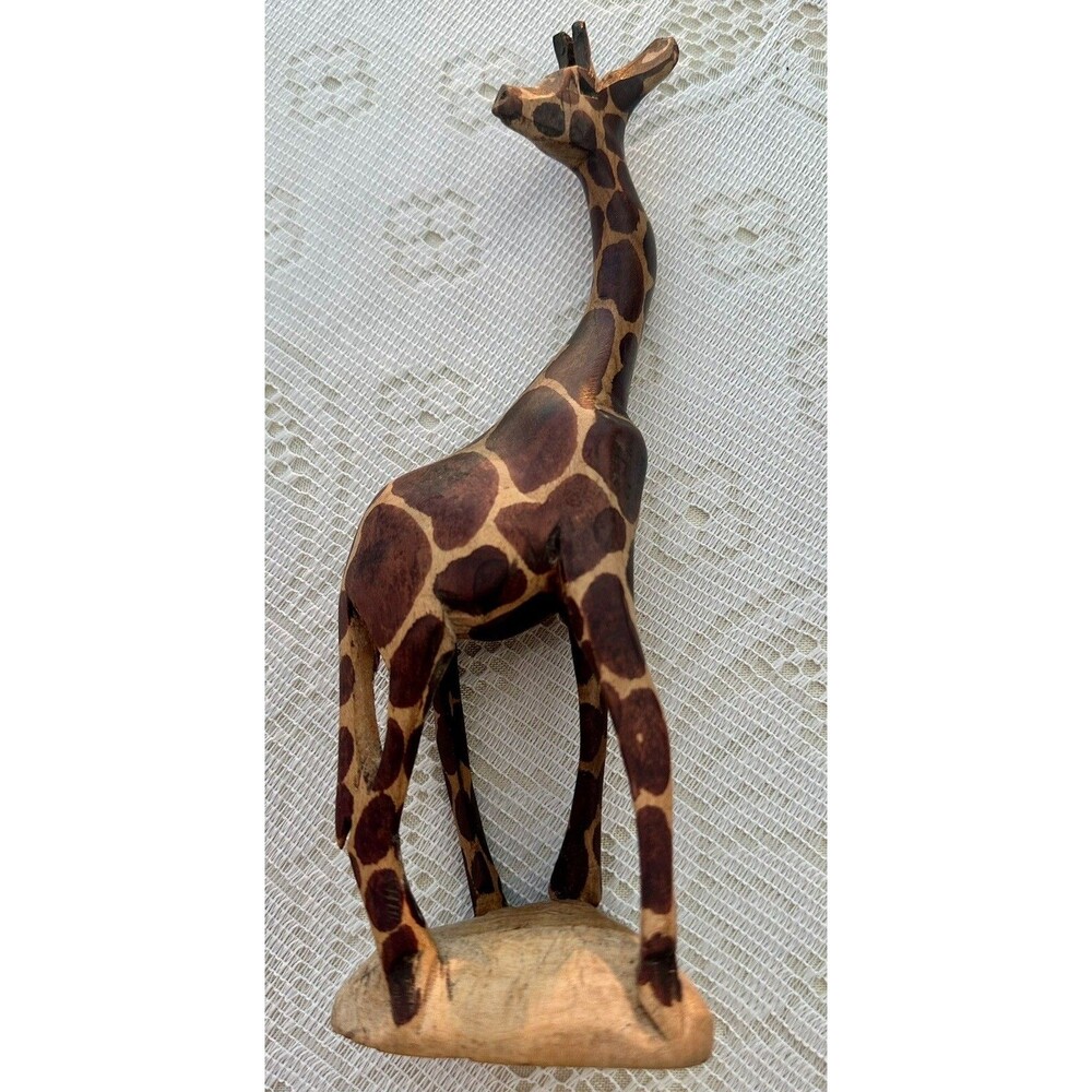 Giraffe Hand Carved Painted Wood Statue Artwork Figurine 9” Tall Vintage Africa